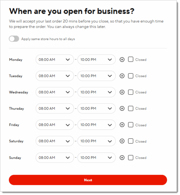 Image showing the business hours setup page of the DoorDash account setup process.