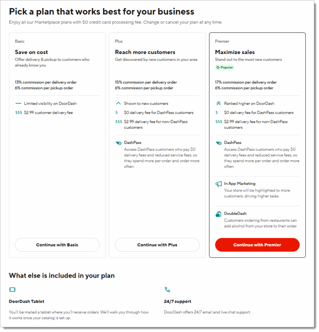 Image of the DoorDash plan selection page for new account setup.