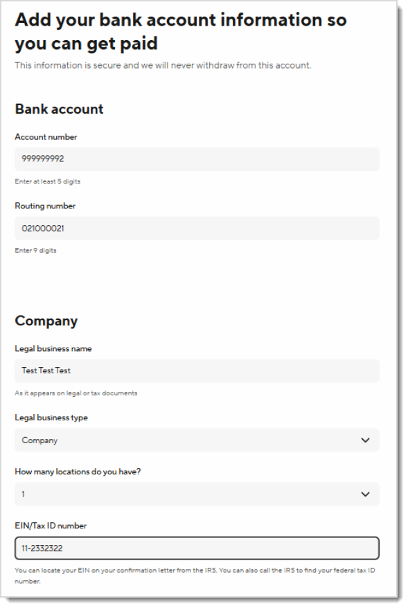 Image showing the bank account and company information step of DoorDash account creation.