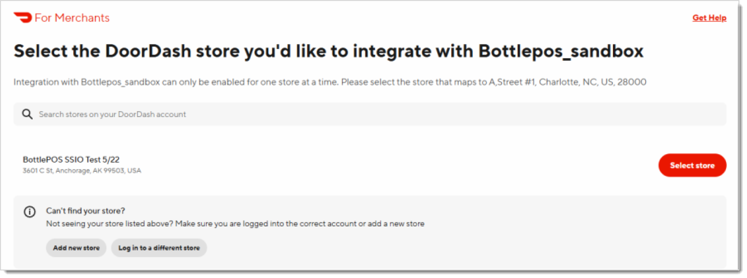 Image showing the store selection page of the DoorDash account setup.