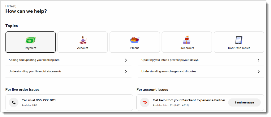 Image showing the DoorDash Help Center page.