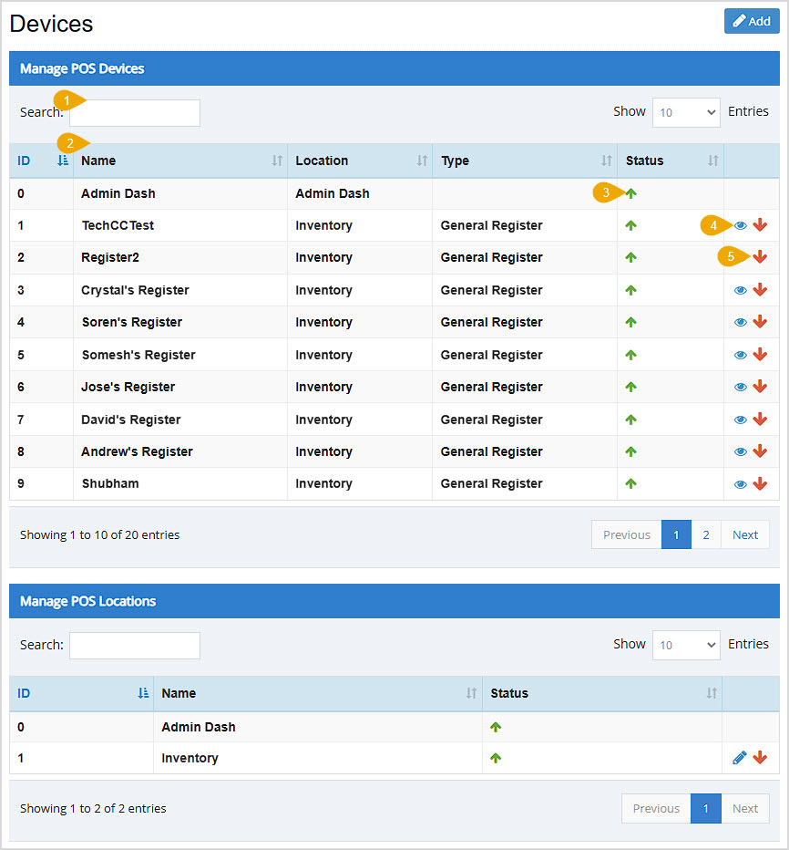 Image showing the Devices page of the Bottle POS Admin Settings area with major functions highlighted.