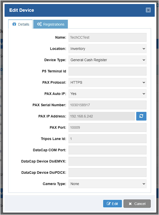 Image showing the Edit Device window of the Bottle POS Admin.
