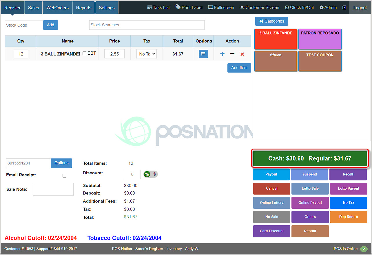 Image of the BottlePOS Register highlighting the checkout button which shows dual pricing options for cash and card payment.