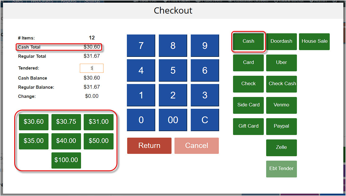 Image showing the Checkout window of the BottlePOS Register highlighting the Cash payment options for dual price checkout.