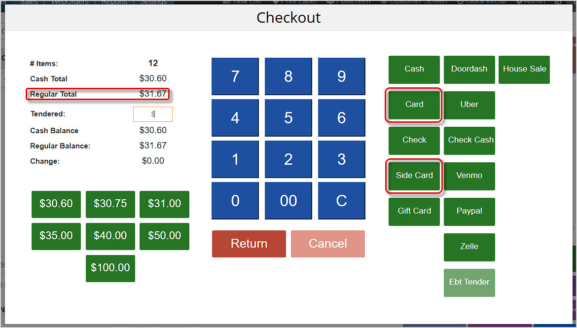 Image showing card payment options in the Checkout window of the BottlePOS Register.