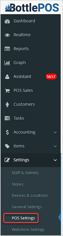 Image showing the main menu of the Bottle POS Admin app with POS Settings highlighted.