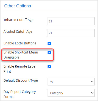 Image showing the Other Options area of the POS Settings page of the Bottle POS Admin app with the Enable Shortcut Menu Draggable option highlighted.