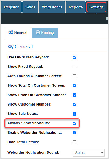 Image showing the General tab of the Settings page of the Bottle POS app with the Always Show Shortcuts option highlighted.
