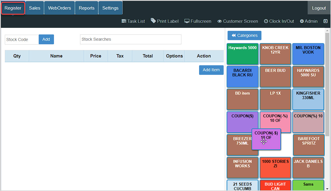 Image showing the Bottle POS Register with a Shortcut key being dragged into a different position.
