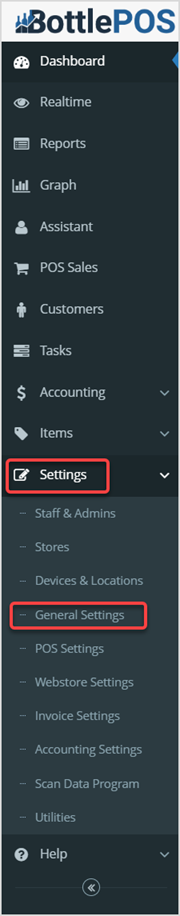 Image displaying the Settings tab and the General Settings subtab in the Bottle POS Admin app's main menu.