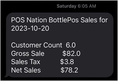 Image displaying an automated text message sales report from the Bottle POS Admin app.