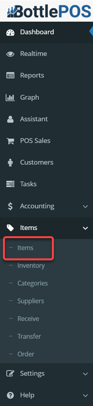 Image displaying where to go to disable tax for a customer or business; Items > Items in the Bottle POS Admin app.