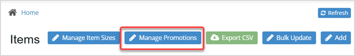 Image displaying the Manage Promotions button on the Items page of the Bottle POS Admin app.
