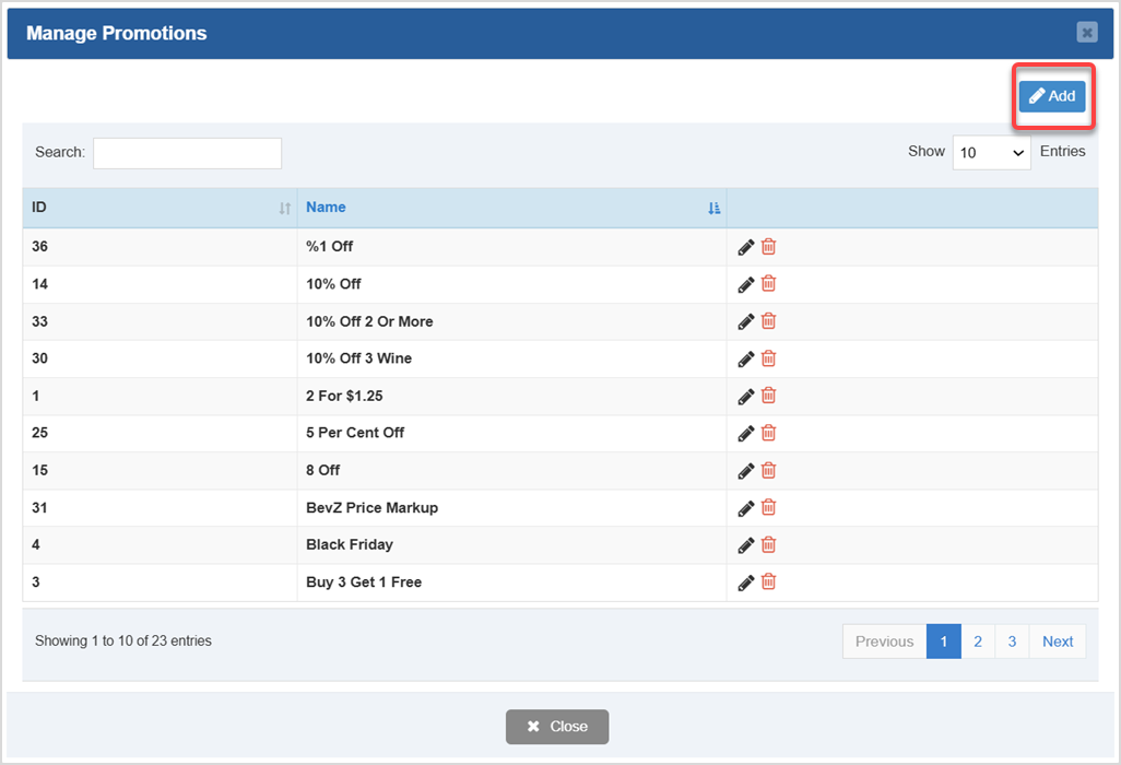 Image displaying the Manage Promotions window of the Bottle POS Admin app, highlighting the Add button.