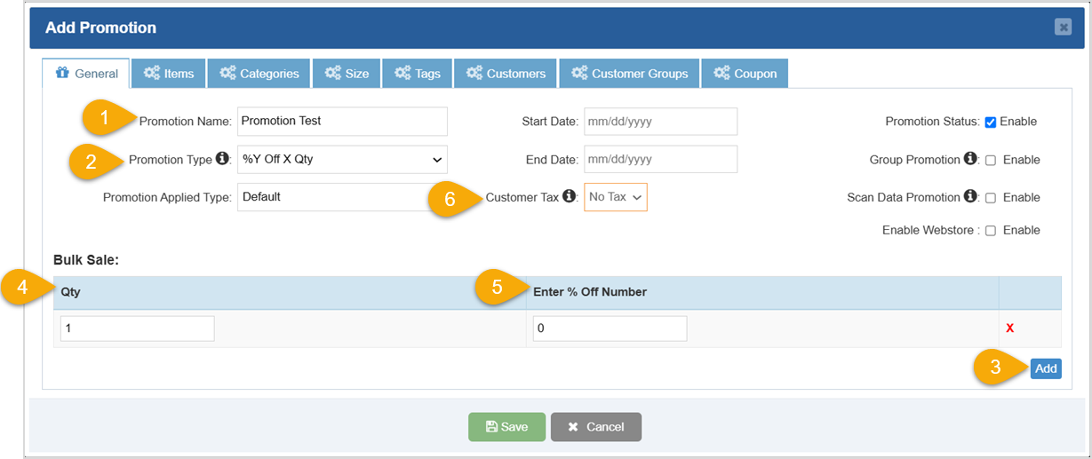 Image displaying that clicking the Add button on the Manage Promotions window will take you to the Add Promotion window.