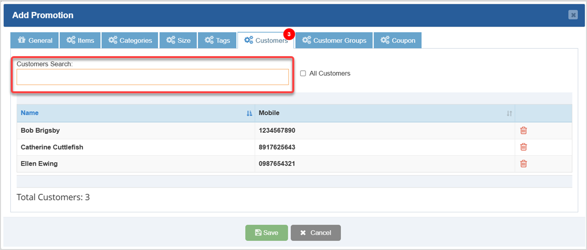 Image displaying the Customer Search box on the Add Promotion window of the Bottle POS Admin app.