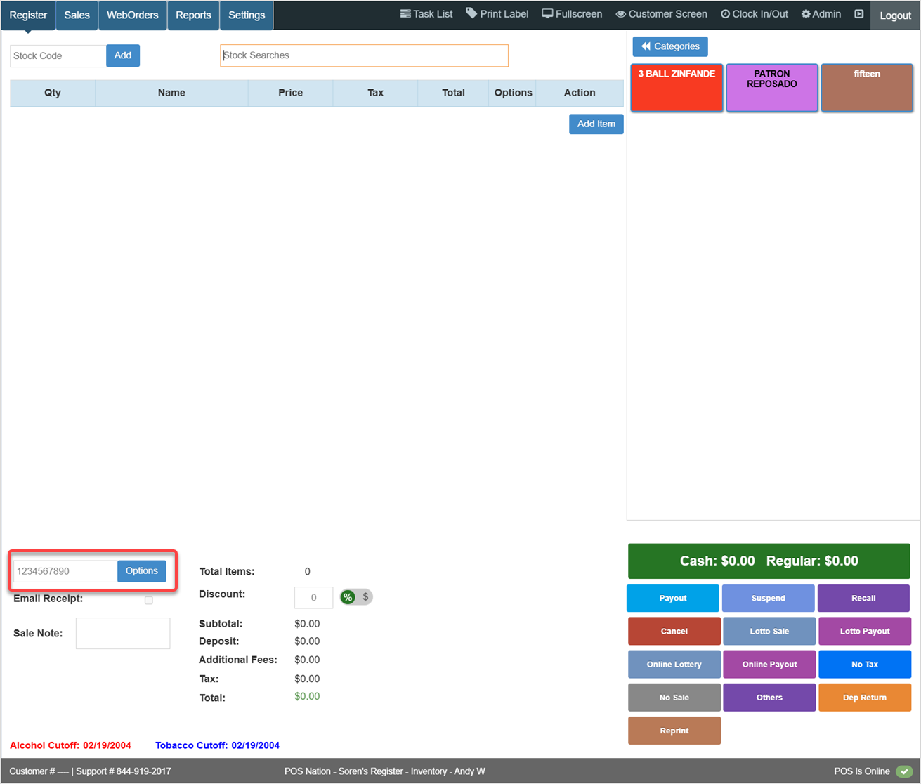 Image displaying the Register page of the Bottle POS, highlighting the Customer Mobile box to enter in the Customer's phone number.
