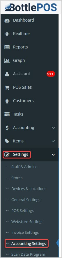 Image showing the main menu of the Bottle POS Admin app with the Accounting Settings area of Settings highlighted.