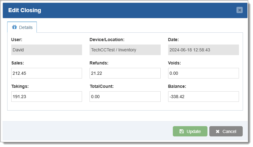 Image showing the Edit Closing window of the Bottle POS Admin's Closing page.