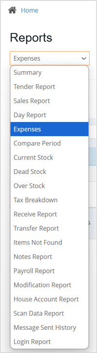 Image displaying the Reports drop list of the Bottle POS Admin app with the Expenses report highlighted.
