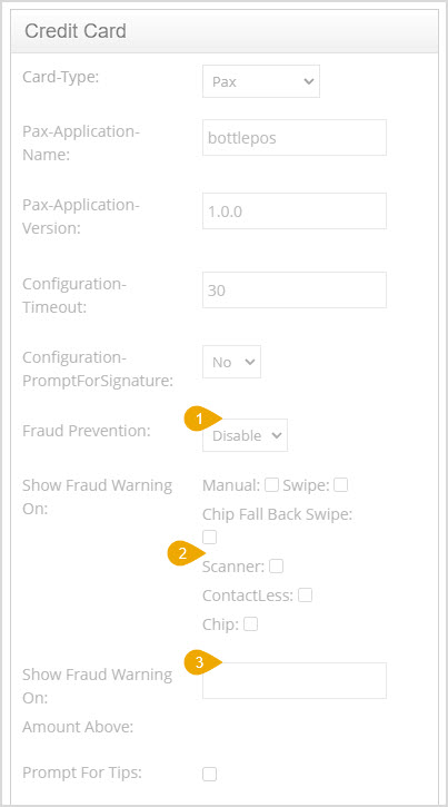 Image showing the Fraud Warning settings on the General Settings page of the Bottle POS.