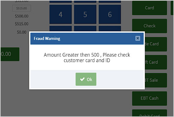 Image showing the Fraud Warning window of the Bottle POS Register.
