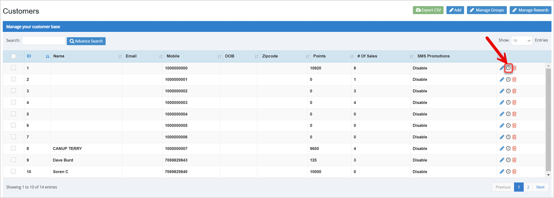 Image displaying the Customers page, highlighting the Clock action as the start of creating an invoice.