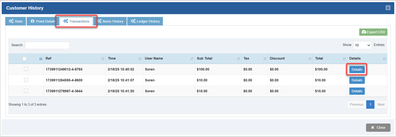Image displaying the Transactions tab of the Customer History window of the Bottle POS Admin app.