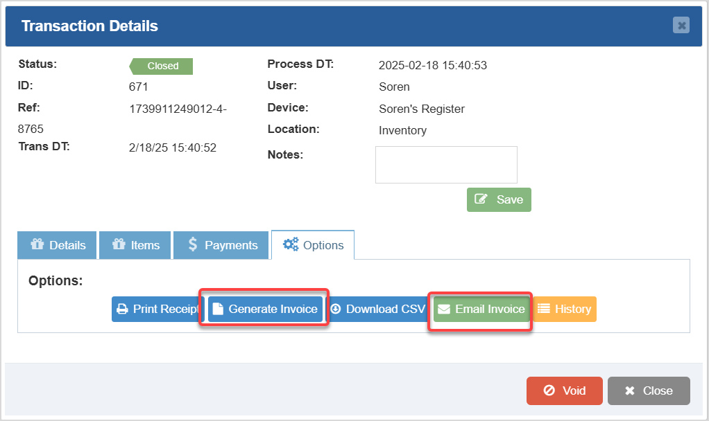 Image displaying the Transaction Details of the Bottle POS Admin app with the Invoice functions highlighted.