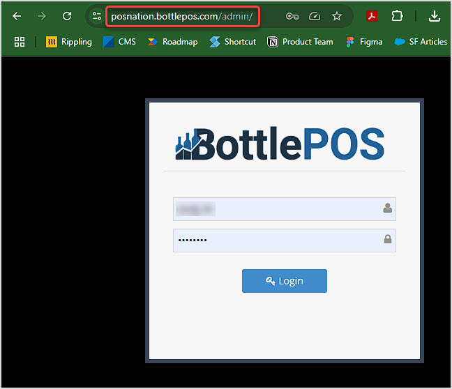 Image showing the Bottle POS Admin login window and an example URL.
