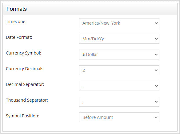 Image showing the Formats section of the General Settings page of the Bottle POS Admin.