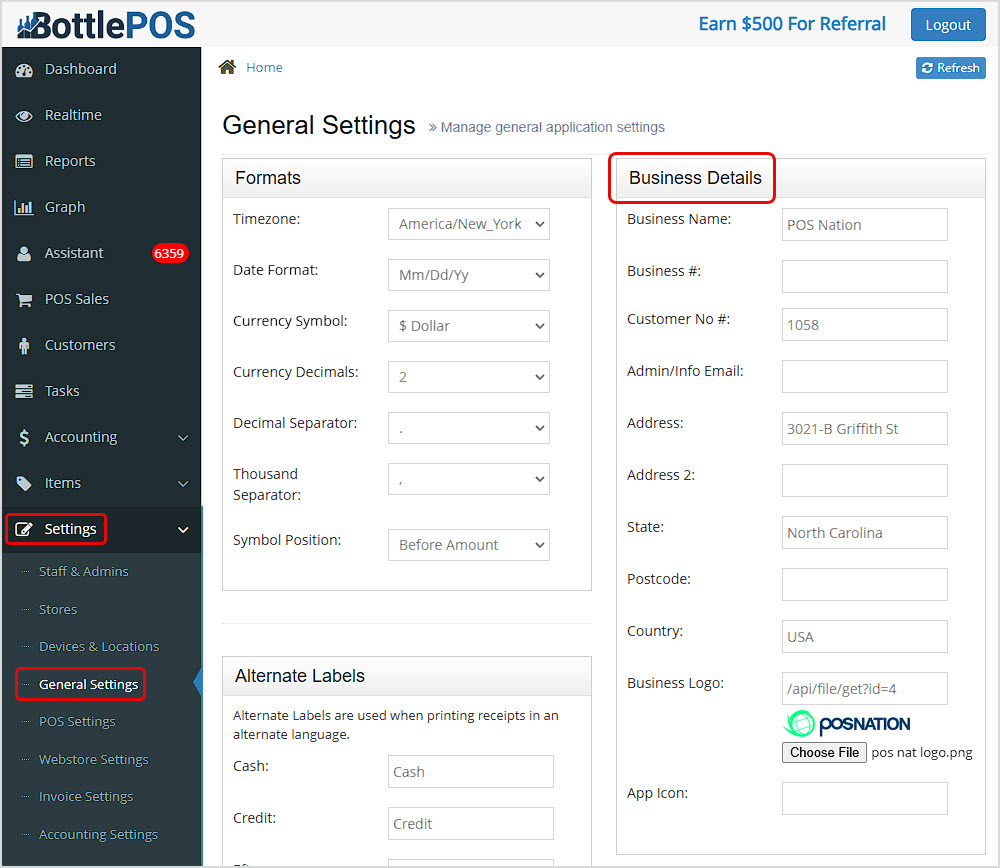 Image showing how to view and edit Business Details in the General Settings area of the Bottle POS Back Office Admin.