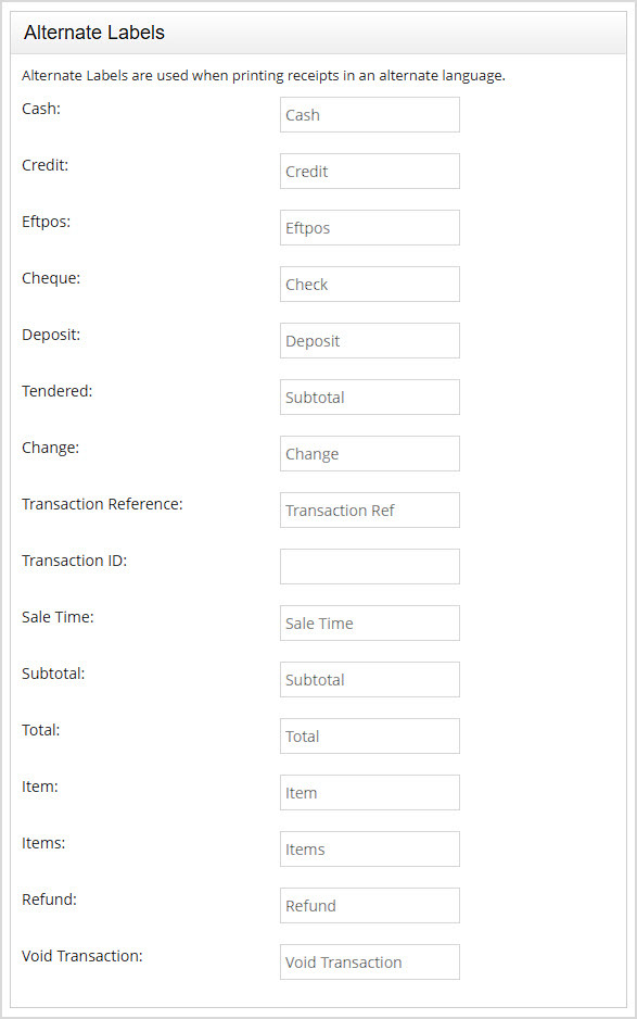 Image showing the Alternate Labels section of the General Settings page of the Bottle POS Admin.