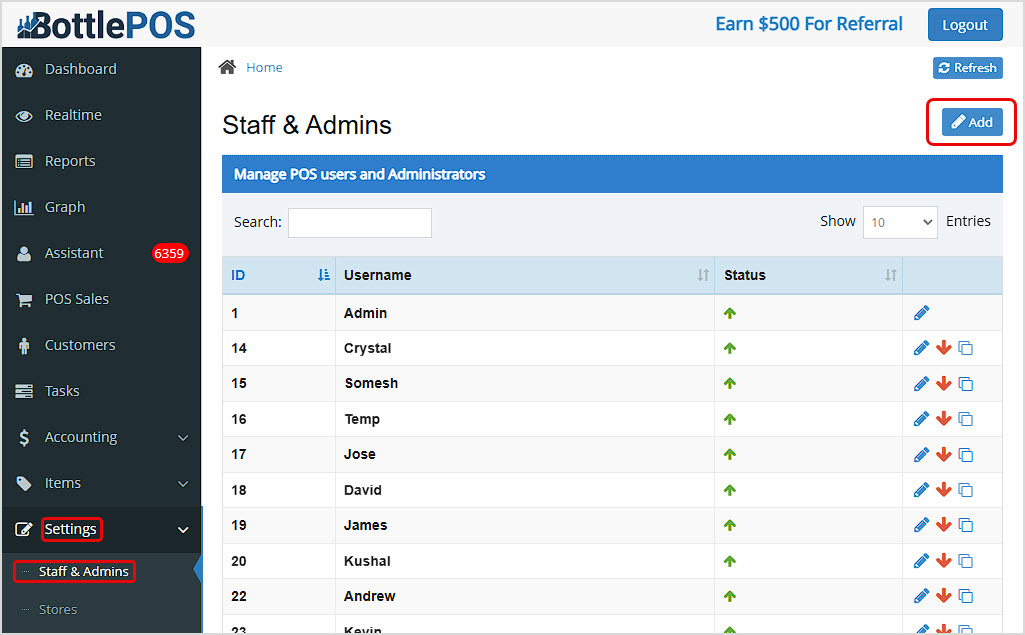 Image showing the Staff & Admins page of the Bottle POS Admin where the highlighted Add button can be used to add employee user accounts.