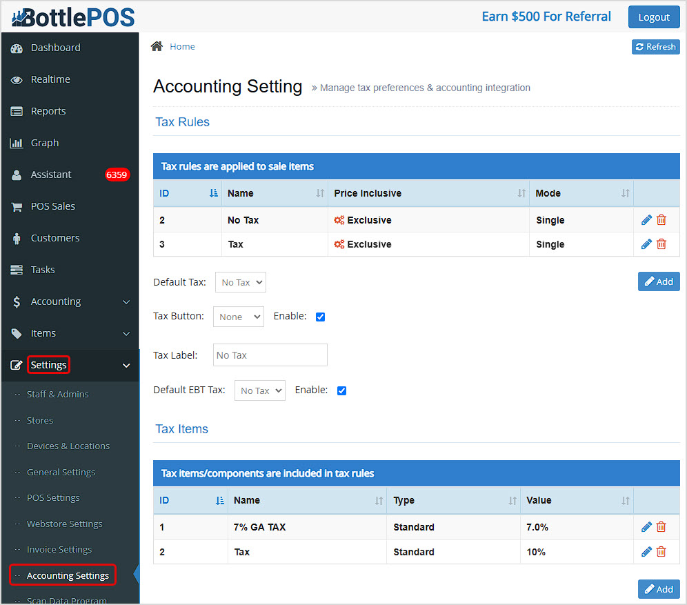 Image showing the Accounting Settings page of the Bottle POS Admin.