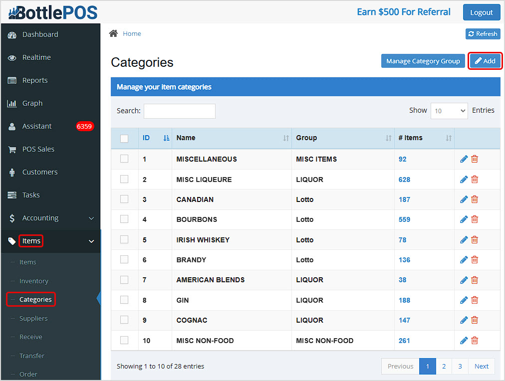 Image of the Categories page of the Bottle POS Admin highlighting the Add button users can click to create new categories.