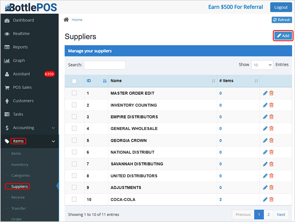 Image of the Suppliers page of the Bottle POS Admin highlighting the Add button users can click to create new suppliers.