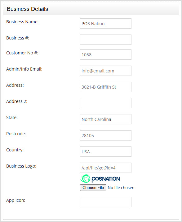 Image showing the Business Details section of the General Settings page of the Bottle POS Admin.