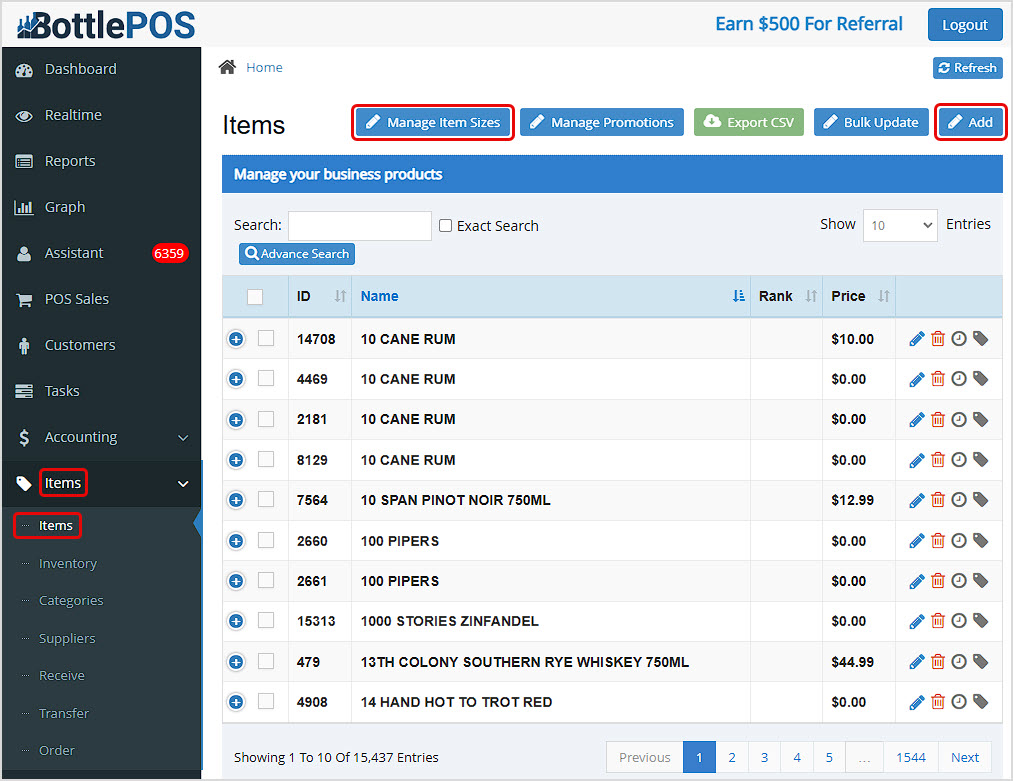 Image of the Items page in the Bottle POS Admin highlighting the Manage Item Sizes button and the Add button.