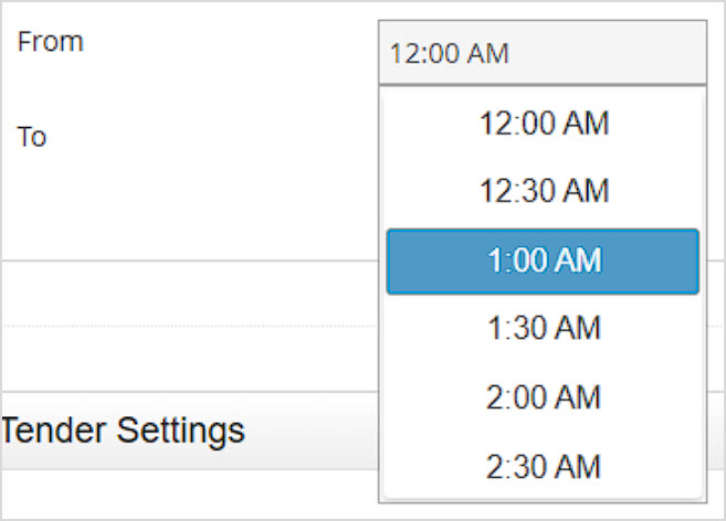 Image showing the Report time configuration controls on the General Settings page of the Bottle POS Admin.