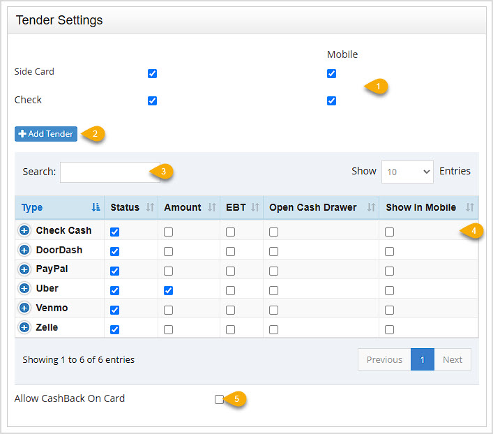 Image showing the Tender Settings section of the General Settings page of the Bottle POS Admin.