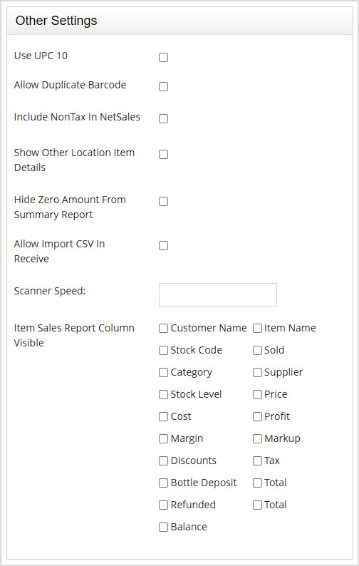 Image showing the Other Settings section of the General Settings page of the Bottle POS Admin.