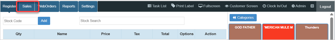 Image highlighting the Sales tab on the top left of the Bottle POS Register App.