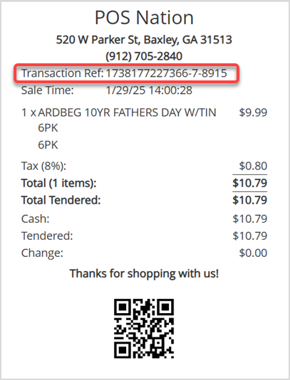 Image displaying the Transaction Ref ID shown on the Bottle POS receipt.