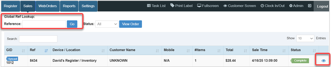 Image displaying the Sales tab in the Bottle POS app, highlighting the Search bar and the Eye icon.