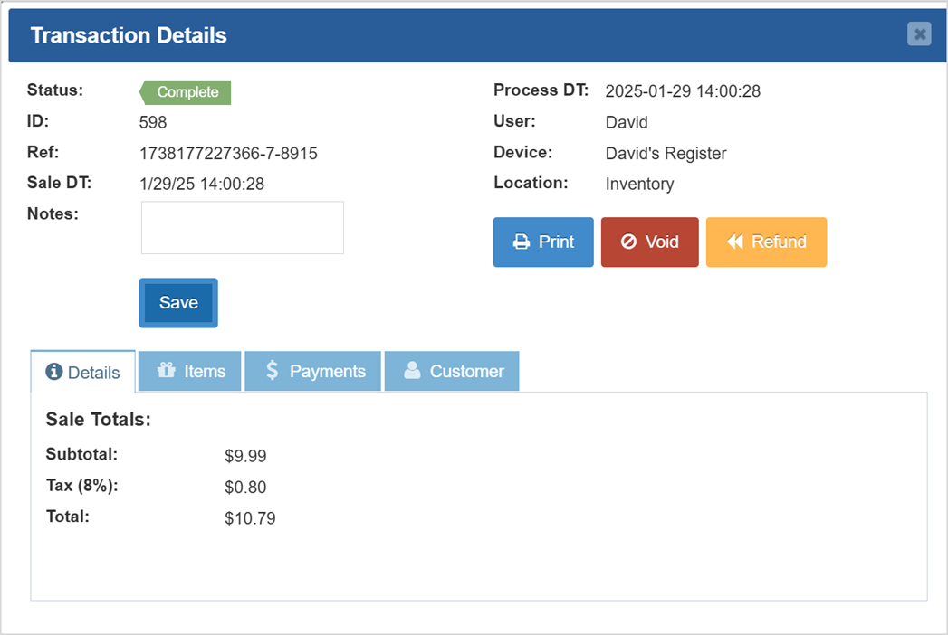 Image displaying the Transaction Details window of the Bottle POS Register app.