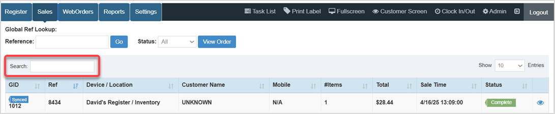 Image of the Sales tab in Bottle POS app highlighting the Search bar.