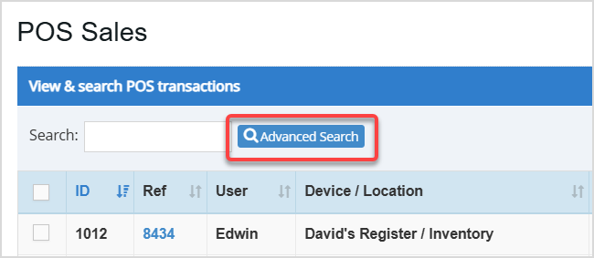 Image displaying the POS Sales page in the Bottle POS Admin app, highlighting the Advanced Search button.