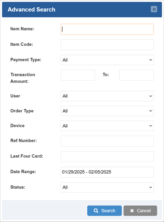 Image displaying the Advanced Search window of the Bottle POS Admin app's POS Sales page.